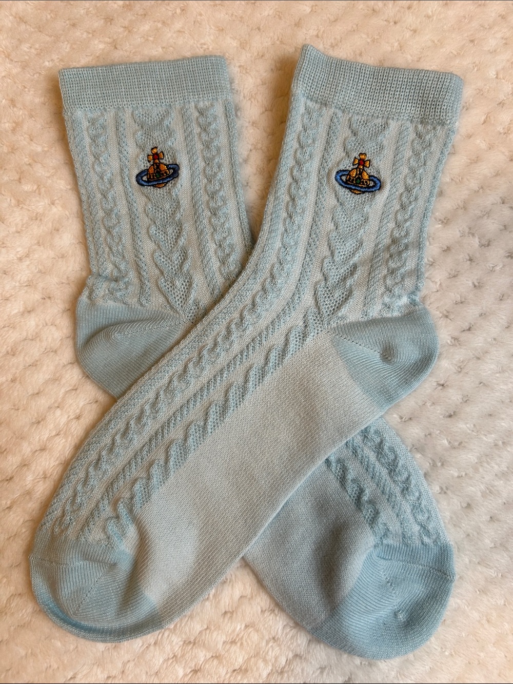 NWOT Vivienne Westwood Unisex Cable-Knit Crew Socks With Orb Logo - Pastel Blue